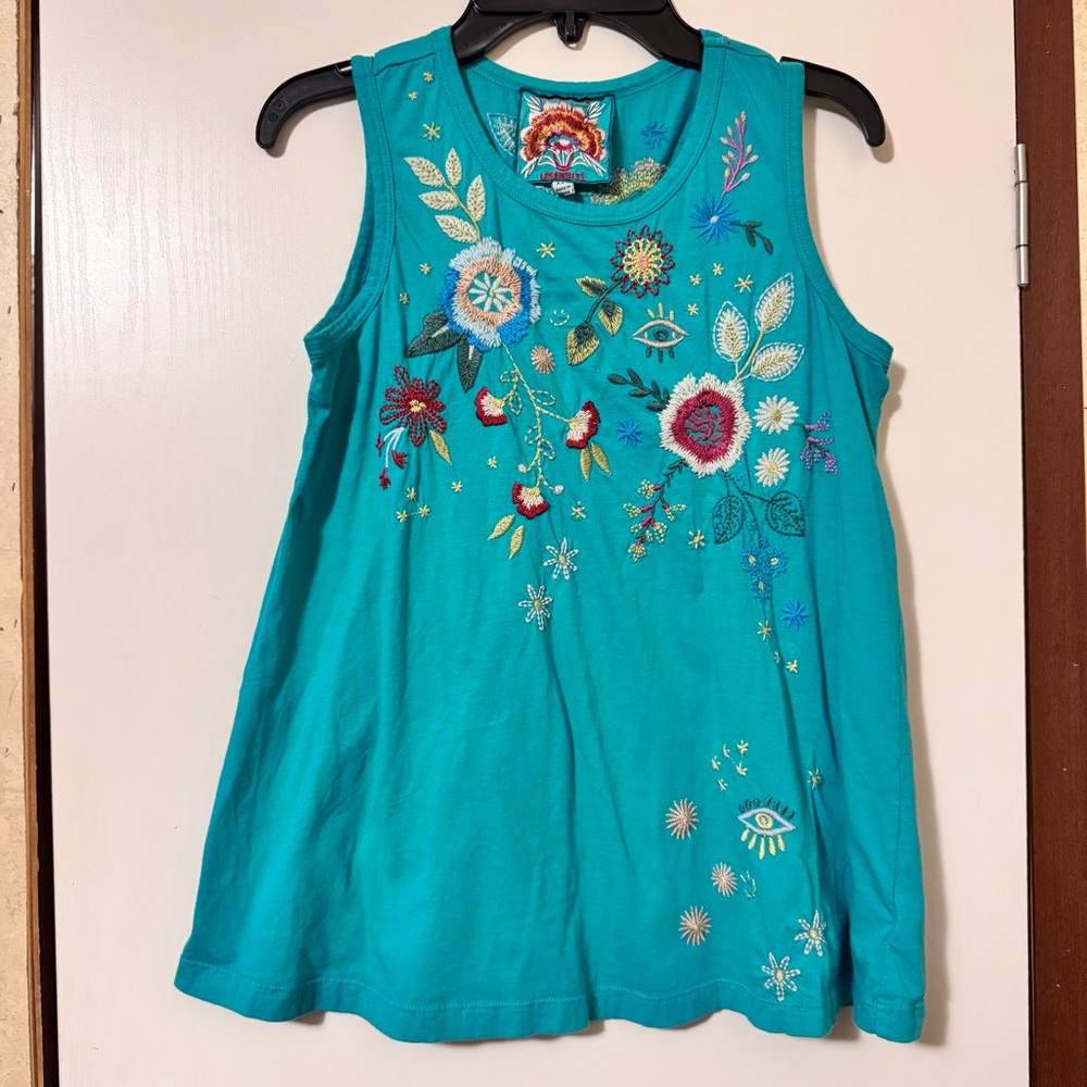Johnny Was Embroidered Teal Sleeveless Top
